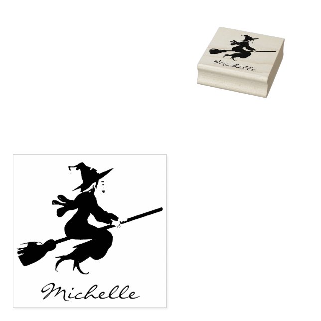 Trendy Personalised Name Cute witch Halloween Rubber Stamp (Stamped)
