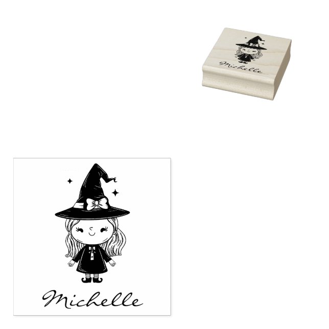 Trendy Personalised Name Cute witch Halloween Rubber Stamp (Stamped)