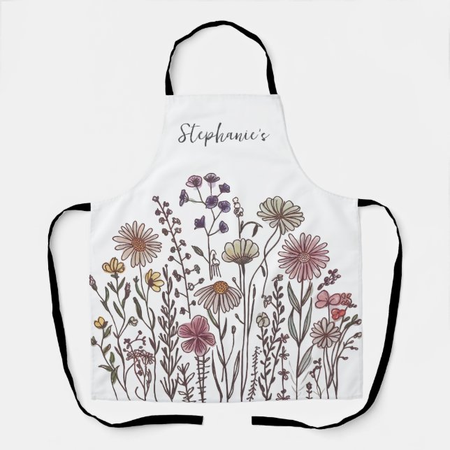 Trendy Personalised Name Watercolor Wildflower  Apron (Front)