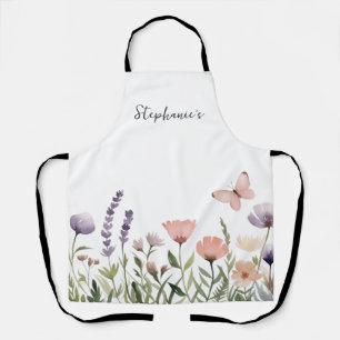 Trendy Personalised Name Watercolor Wildflower     Apron