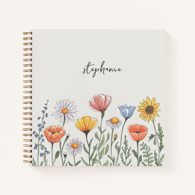 Trendy Personalised Name Watercolor Wildflower Notebook (Front)