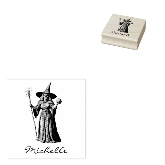 Trendy Personalised Name witch Halloween Rubber Stamp (Stamped)