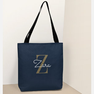 Trendy Personalised Navy Monogram Custom Name Tote Bag