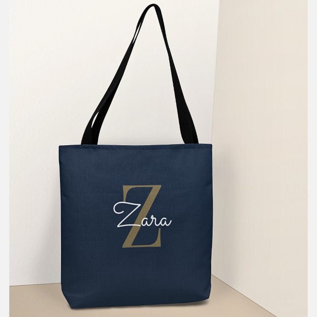 Trendy Personalised Navy Monogram Custom Name  Tote Bag (Creator Uploaded)