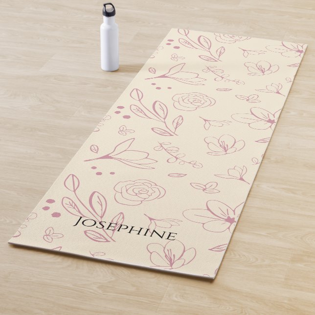 Trendy Personalised Pink florals on beige cream Yoga Mat (In Situ)