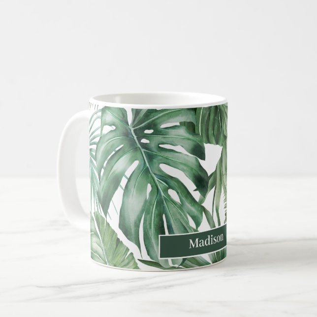 Trendy Personalised Tropical Monstera Leaves Coffee Mug (Front Left)