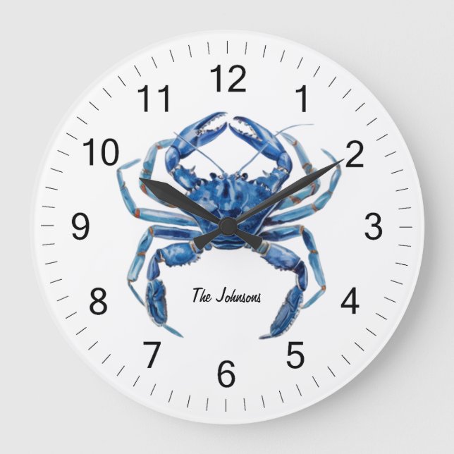 Trendy Personalised Watercolor Crab Summer Beach   Large Clock (Front)