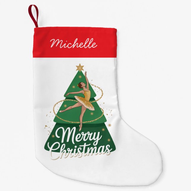 Trendy Personalized Ballerina Christmas Tree  Small Christmas Stocking (Front)