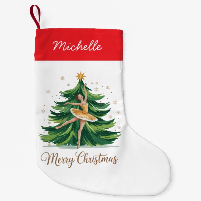 Trendy Personalized Ballerina Christmas Tree  Small Christmas Stocking (Front)