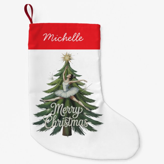 Trendy Personalized Ballerina Christmas Tree  Small Christmas Stocking (Front)