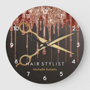 Trendy Personalized Modern black Gold Hairstylist  Large Clock
