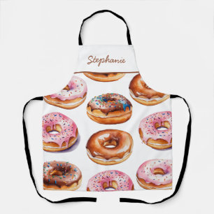 Trendy Personalized Name Watercolor Donut Pattern Apron