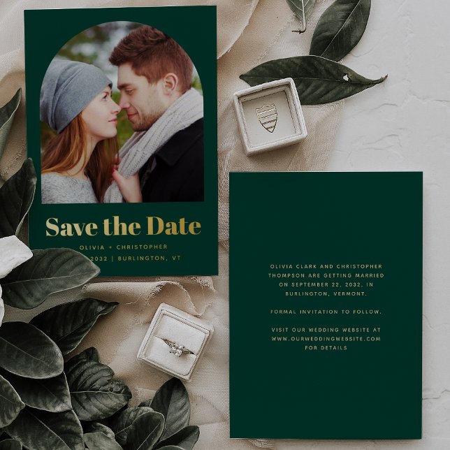 Trendy Photo Arch Green Gold Save the Date (Creator Uploaded)