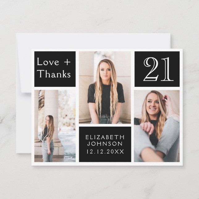 Trendy Photo Collage Happy 21st Birthday Thank You Card (Front)