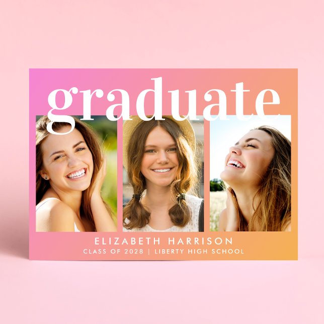 Trendy Photo Collage Pink Orange Graduation Announcement (Share the pride and excitement of your graduate's achievement with friends and family near and far)