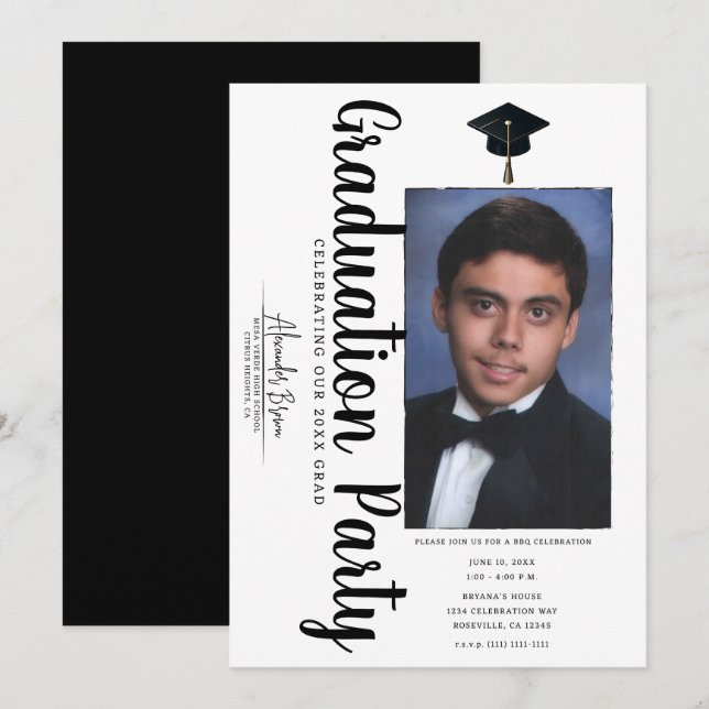 Trendy Photo Graduation Party Celebration BBQ Invitation (Front/Back)