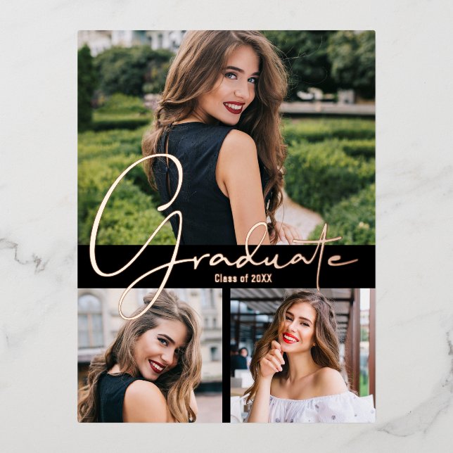 Trendy Photo Graduation Party Foil Invitation Postcard (Front)