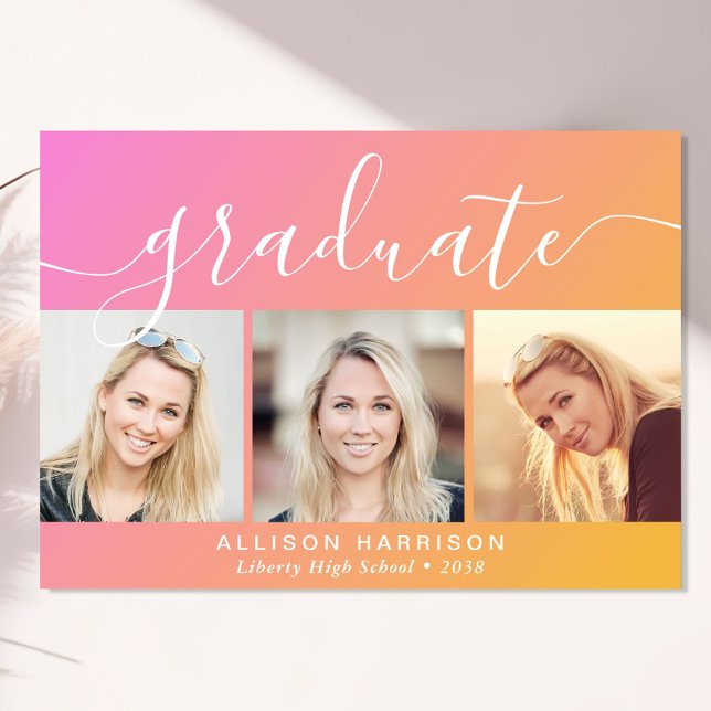 Trendy Photo Pink Orange Graduation Announcement (Cherish the milestone: share your graduate's achievement with a custom photo graduation announcement)