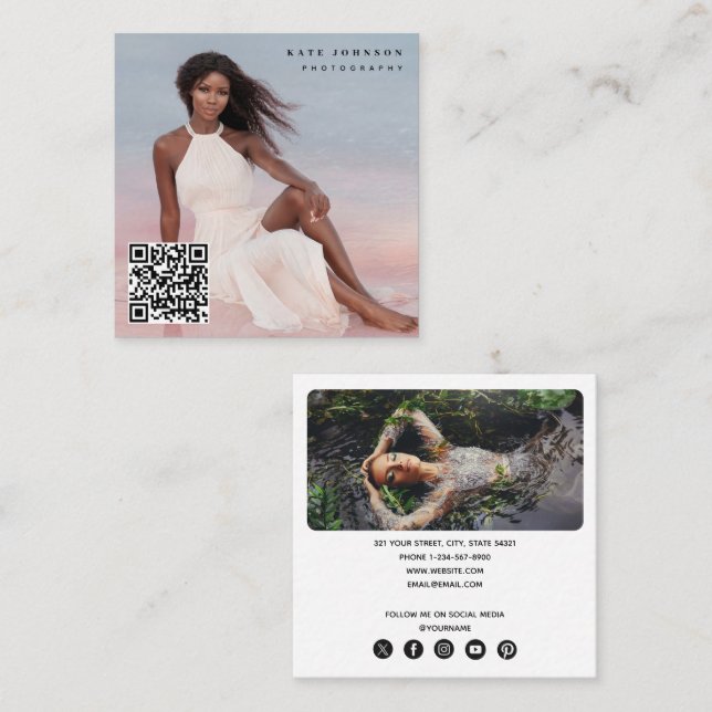 Trendy Photographer QR Code Social Media Icons   Square Business Card (Front/Back)