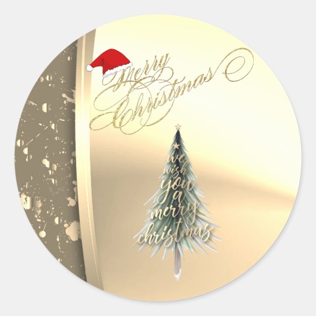 Trendy Pine Tree,Santa Hat, Faux Gold Classic Round Sticker (Front)