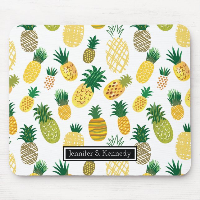 Trendy Pineapple Pattern | Add Your Name Mouse Mat (Front)