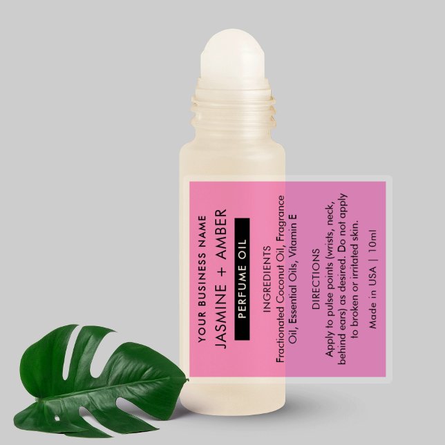 Trendy Pink 10ml Perfume Oil Roll On Bottle Labels (Modern girly pink and black perfume oil roller bottle wrapper label)