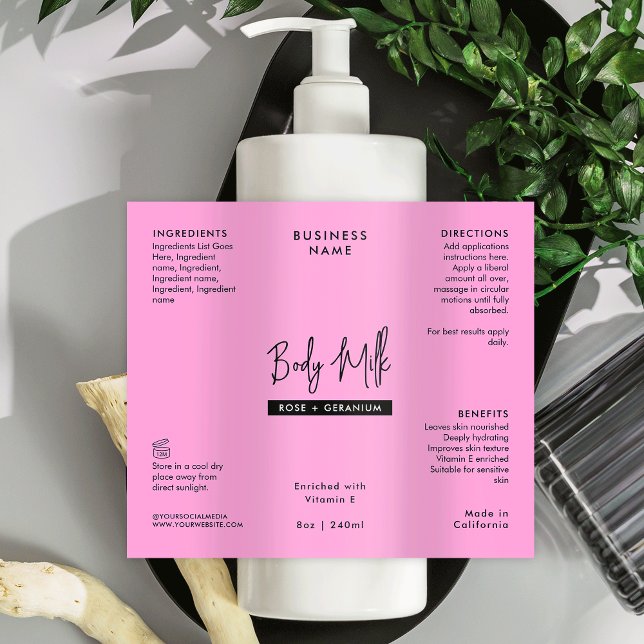 Trendy Pink 8 OZ Skincare Bottle Waterproof Label (Trendy Pink 8 OZ Skincare Bottle Waterproof Label *Verify Size to Ensure A Good Fit*)