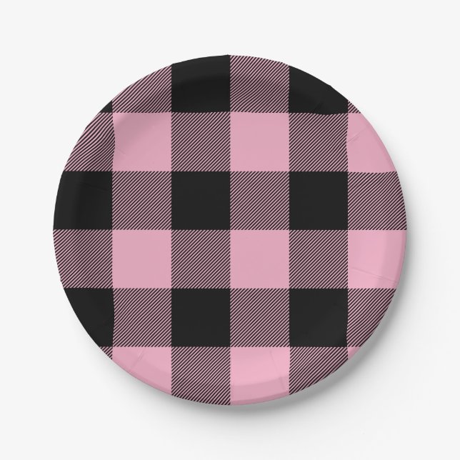 Trendy Pink and Black Buffalo Plaid Paper Plate (Front)