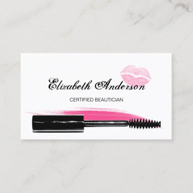 Trendy Pink and Black Cosmetology Mascara Business Card (Front)