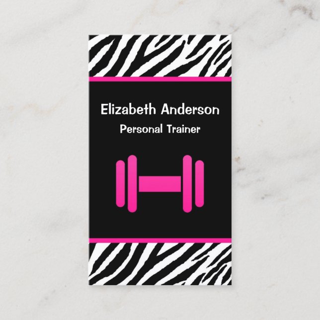 Trendy Pink and Black Dumbbell Personal Trainer Business Card (Front)
