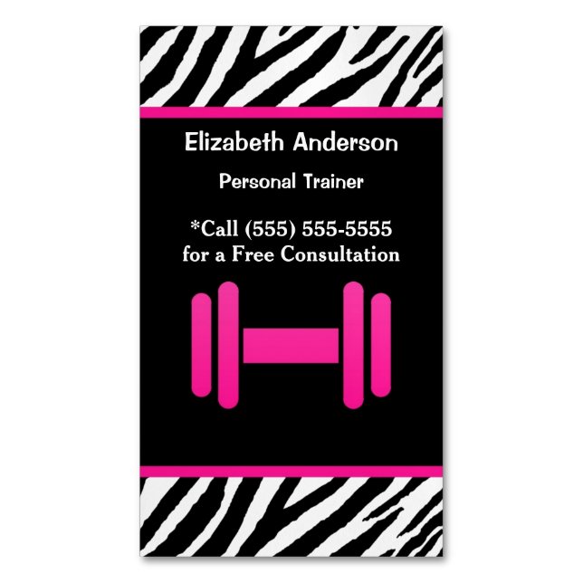 Trendy Pink and Black Dumbbell Personal Trainer Magnetic Business Card (Front Vertical)
