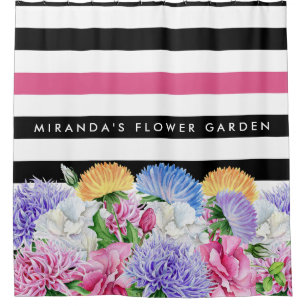 Trendy Pink and Black Floral Stripes With Name Shower Curtain