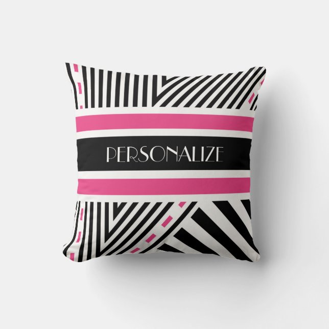 Trendy Pink and Black Geometric Stripes With Name Cushion (Front)