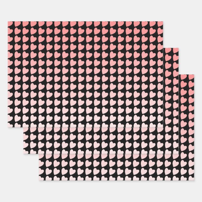 Trendy Pink and Black Heart Pattern Gradient Wrapping Paper Sheet (Set)