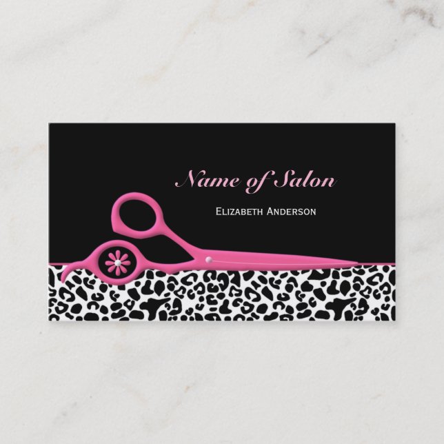 Trendy Pink and Black Leopard Hair Salon Scissors Business Card (Front)
