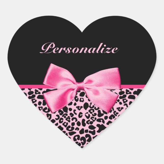 Trendy Pink And Black Leopard Hot Pink Ribbon Heart Sticker (Front)