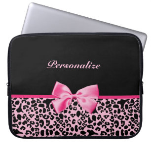 Trendy Pink And Black Leopard Hot Pink Ribbon Laptop Sleeve