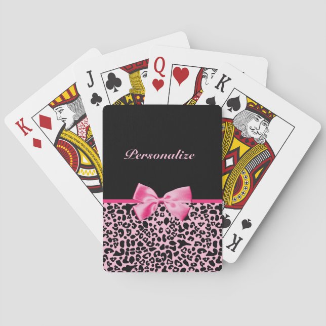 Trendy Pink And Black Leopard Hot Pink Ribbon Playing Cards (Back)