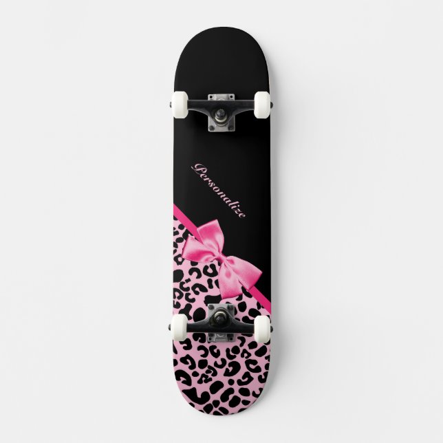 Trendy Pink And Black Leopard Hot Pink Ribbon Skateboard (Front)
