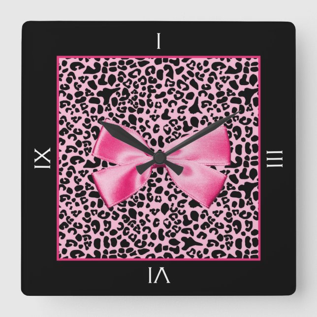 Trendy Pink And Black Leopard Hot Pink Ribbon Square Wall Clock (Front)