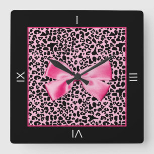 Trendy Pink And Black Leopard Hot Pink Ribbon Square Wall Clock