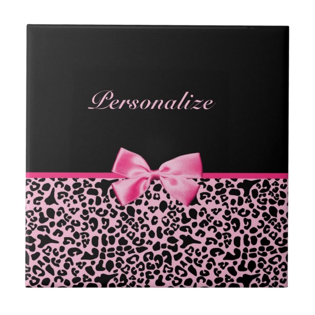 Trendy Pink And Black Leopard Hot Pink Ribbon Tile (Front)