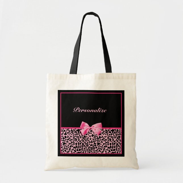 Trendy Pink And Black Leopard Hot Pink Ribbon Tote Bag (Front)
