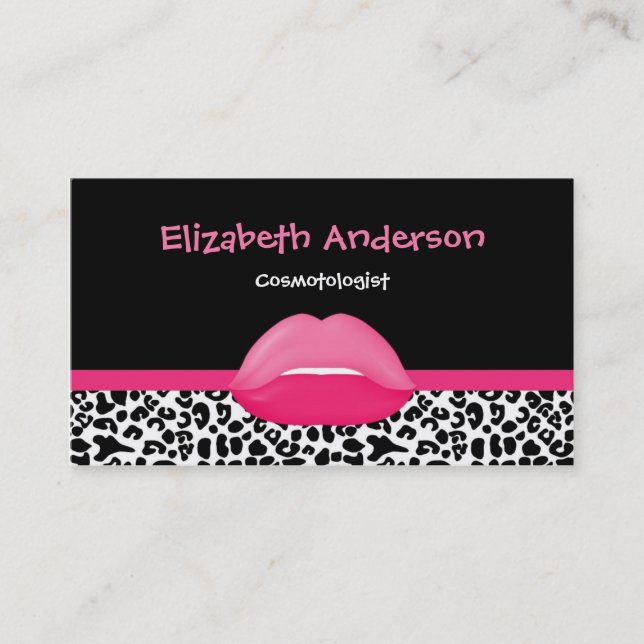 Trendy Pink and Black Leopard Makeup Artist Lips Business Card (Front)