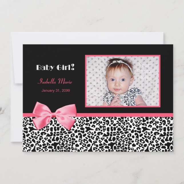Trendy Pink And Black Photo Birth Announcements (Front)