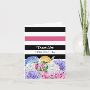 Trendy Pink and Black Stripes Floral Thank You Card