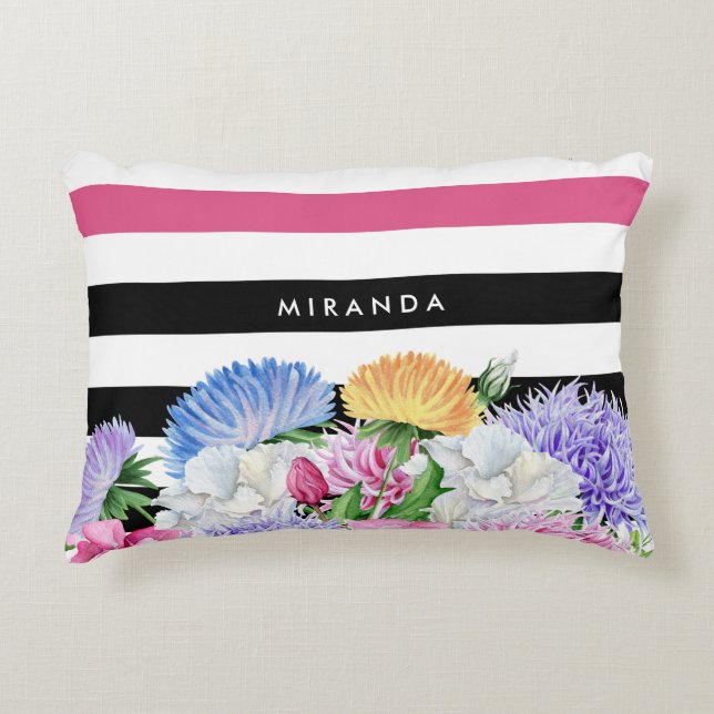 Trendy Pink and Black Stripes Floral With Name Decorative Cushion (Front)