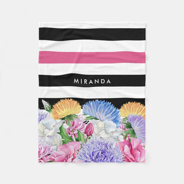Trendy Pink and Black Stripes Floral With Name Fleece Blanket (Front)