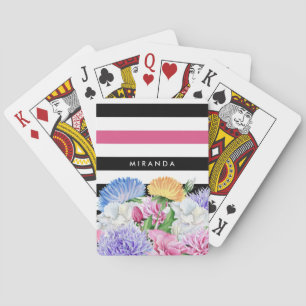 Trendy Pink and Black Stripes Floral With Name Playing Cards