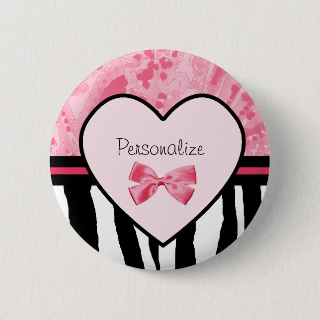 Trendy Pink and Black Zebra Pattern Bow and Name 6 Cm Round Badge (Front)